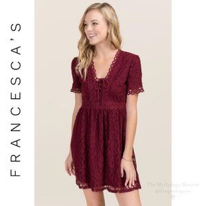 Francescas burgundy lace up lace dress